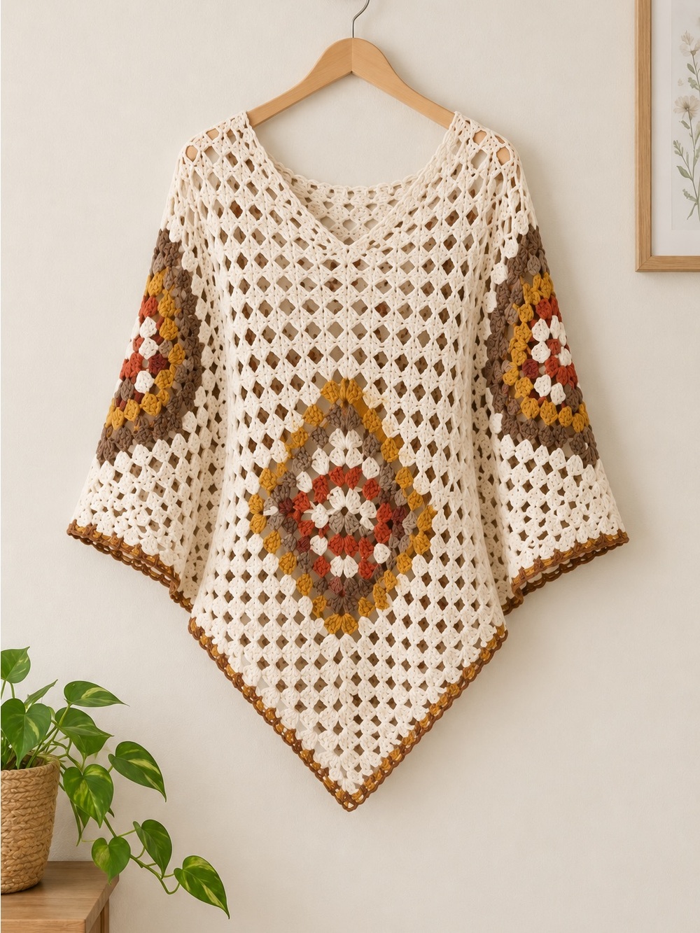 Crochet V-Neck Poncho Sweater in Cream with Autumn Accent